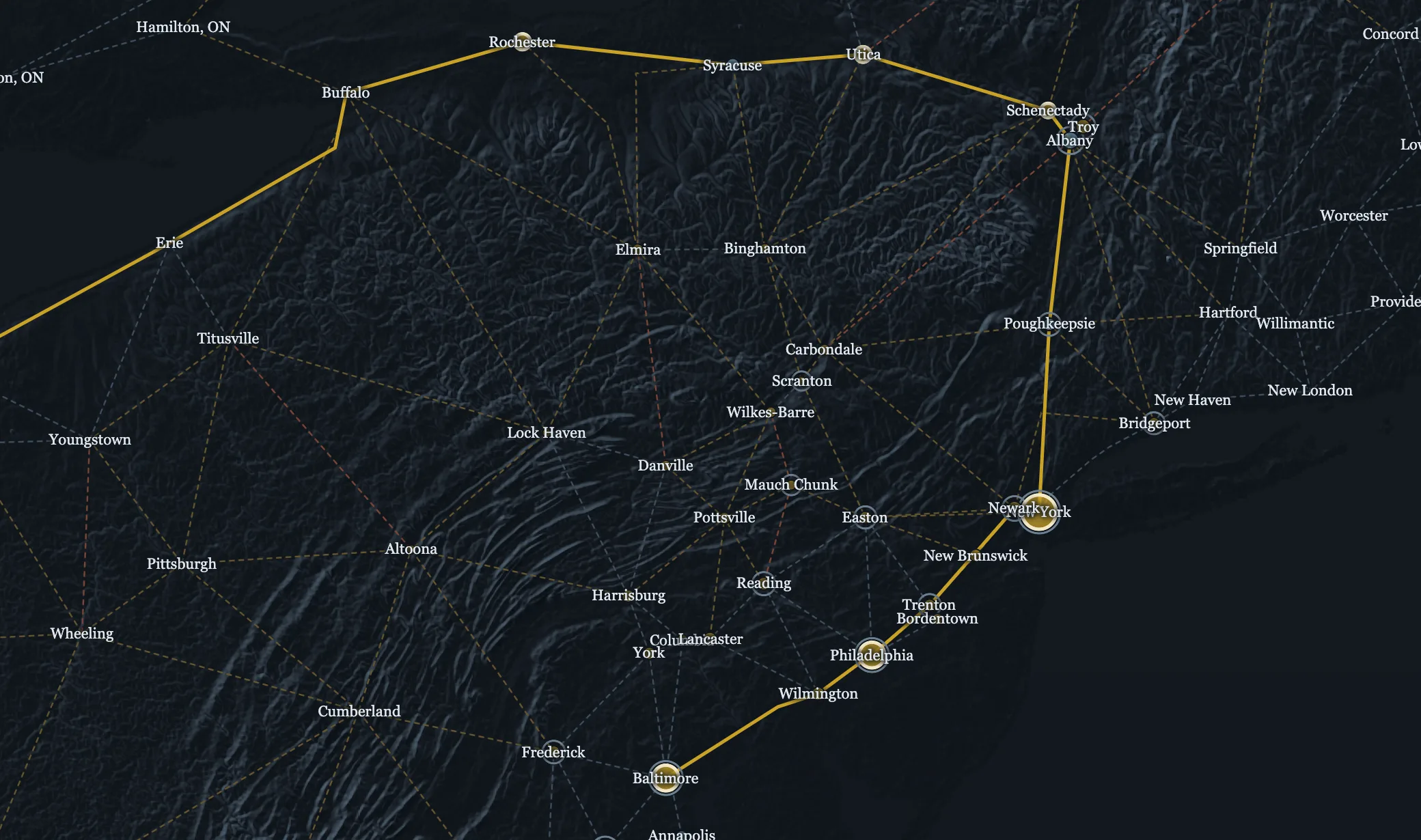 The Waybill board from tidewater to the lakes: terrain-shaded ridge and valley country, with a gold trunk line running Baltimore to Buffalo by way of New York and Albany